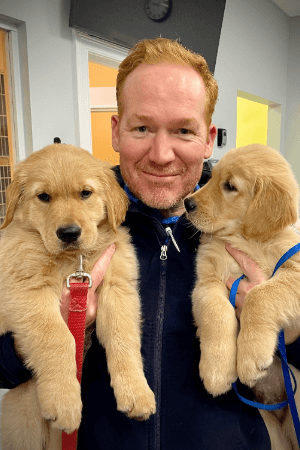 Dr Austin Bell male veterinarian with strawberry blonde hair holding two golden retriever puppies