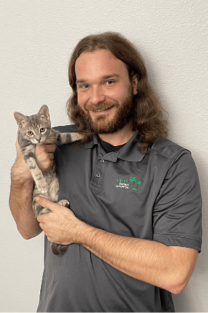 Jeremy Jenkins male vet tech holding small gray stripped cat