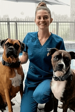 Kaysa Jackson female with hair in bun kneeling by 2 boxer dogs